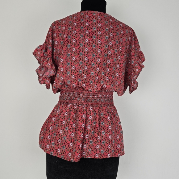 Max Studio Printed smocked waist, tie waist ruffle sleeve blouse - Picture 3 of 10